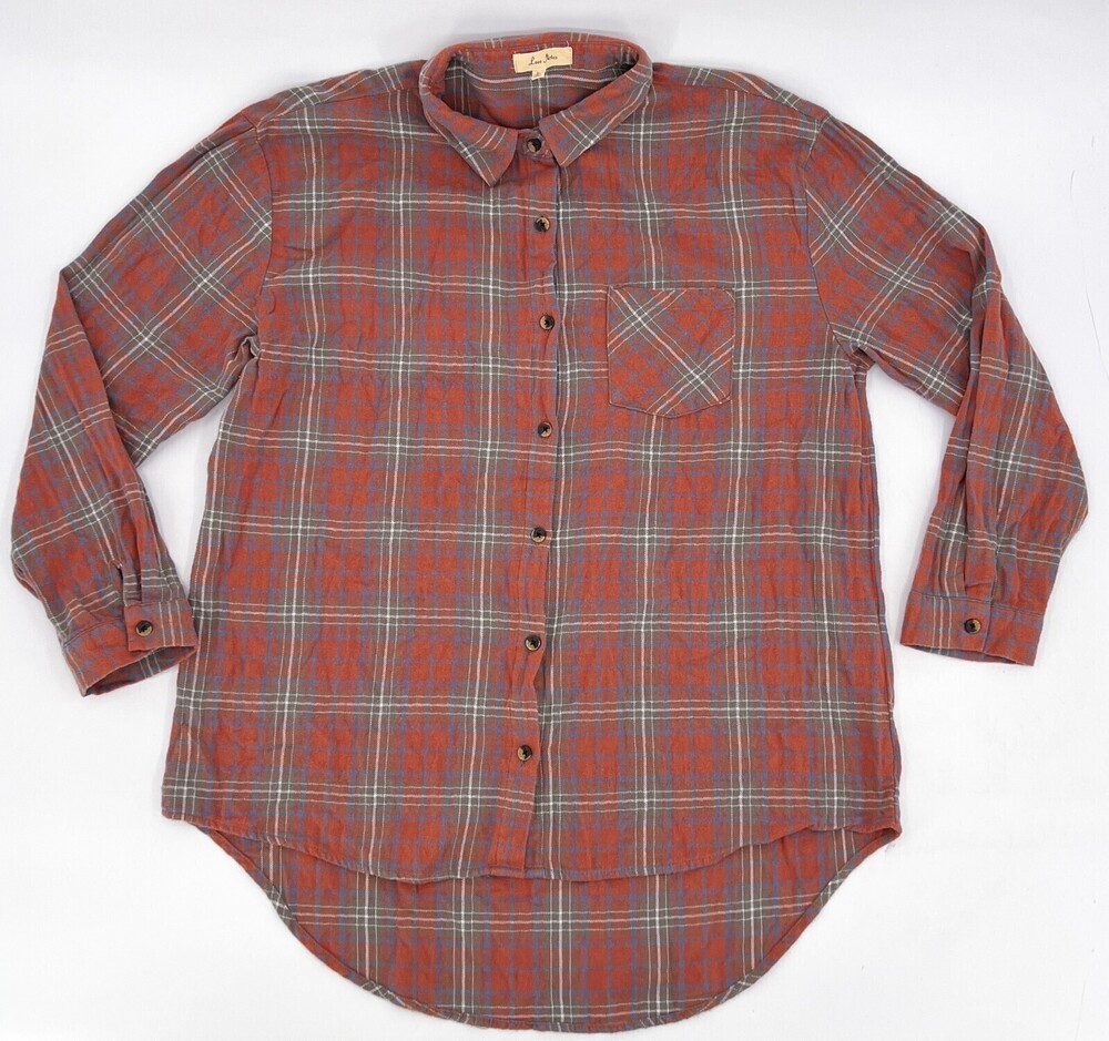 Love Notes Shirt Womens Large Plaid Long Sleeve Button Up Pockets High Low